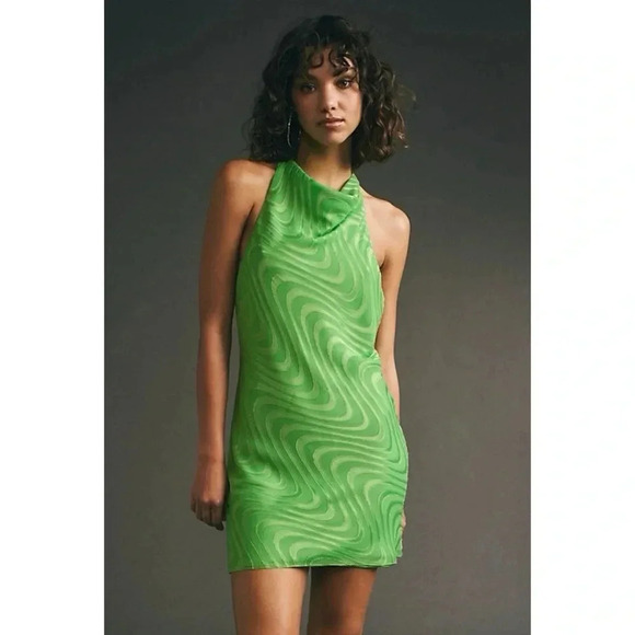 Amanda Uprichard Kimball Mini Dress High Neck Halter Wavy Cowl Green - Picture 1 of 16